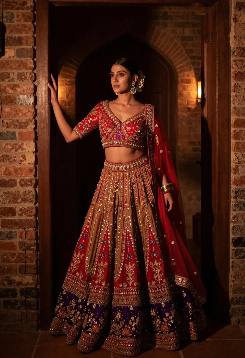 Woman Stands Dimly Lit Interior Space Wearing Elaborate Traditional Indian