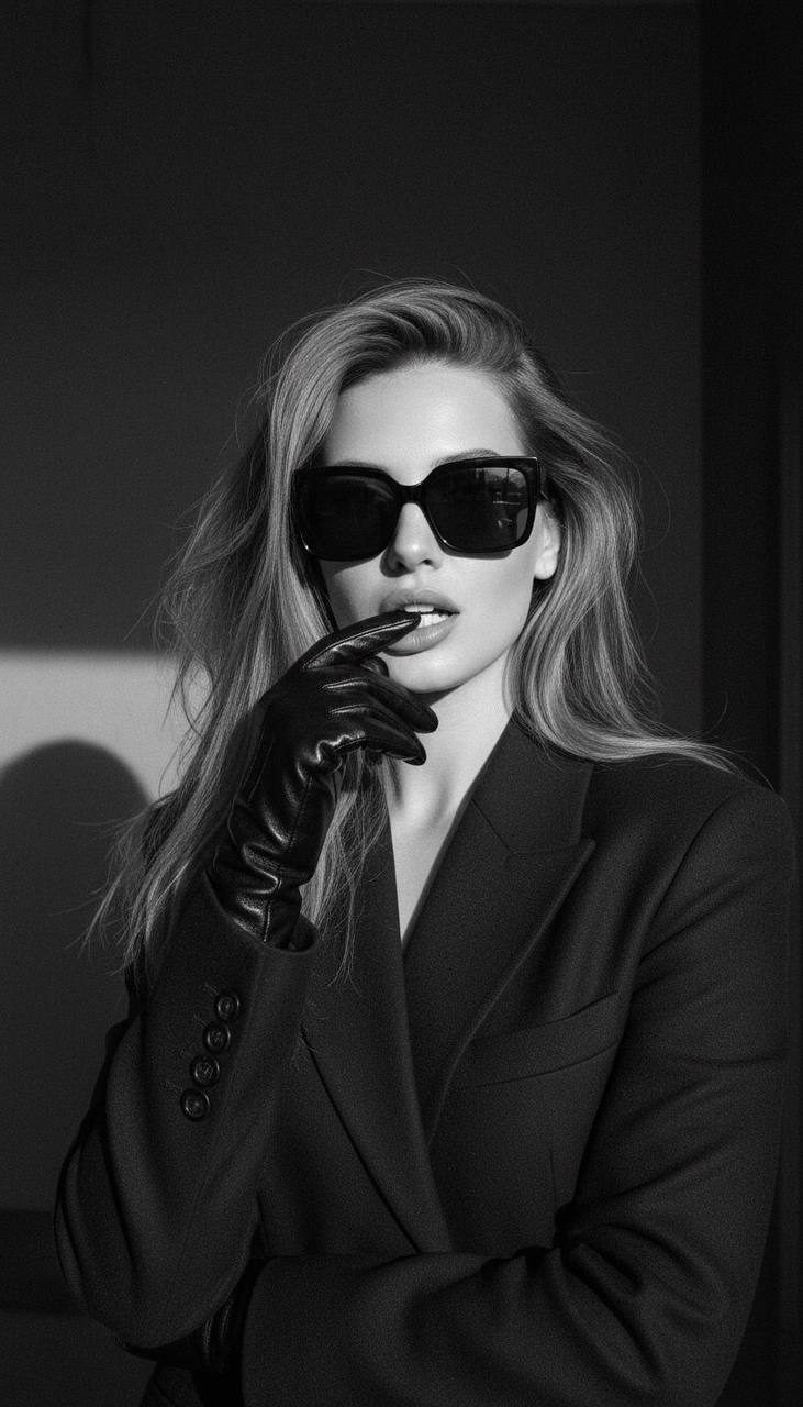 Close-up fashion portrait featuring a woman in oversized sunglasses and a navy coat, with a provocative gesture.