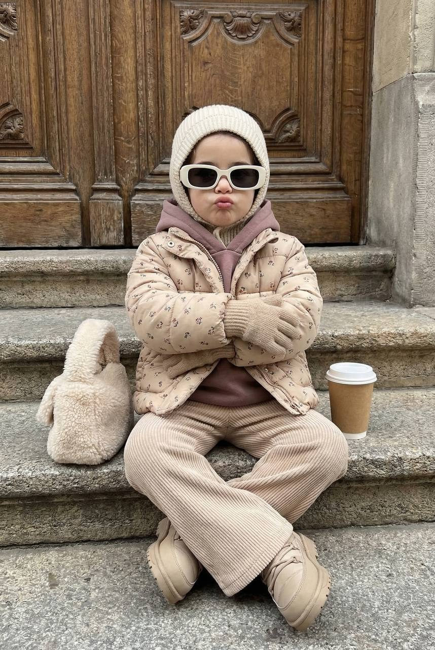 A small child sitting cross-legged on stone steps in front of a vintage wooden door, wearing a beige padded jacket with floral print.
