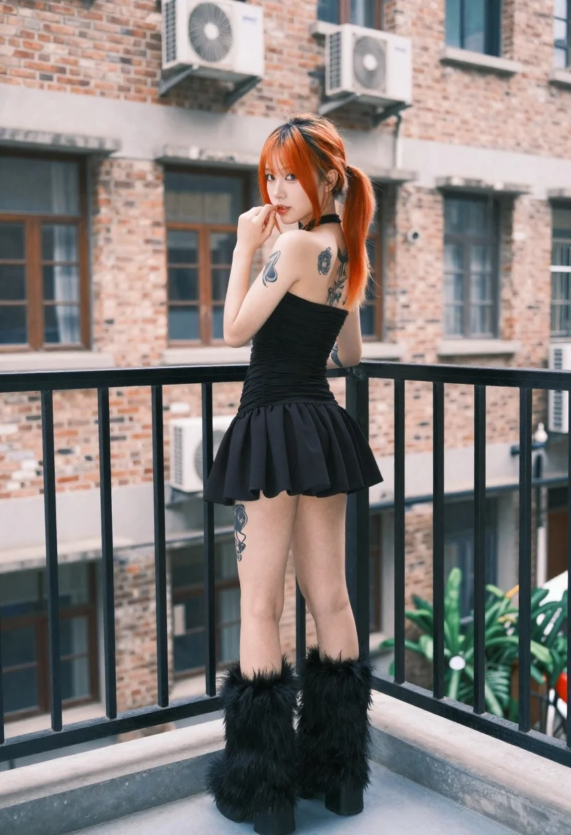 Young Woman With Orange-tipped Hair Stands Profile Balcony Looking Back reference photo