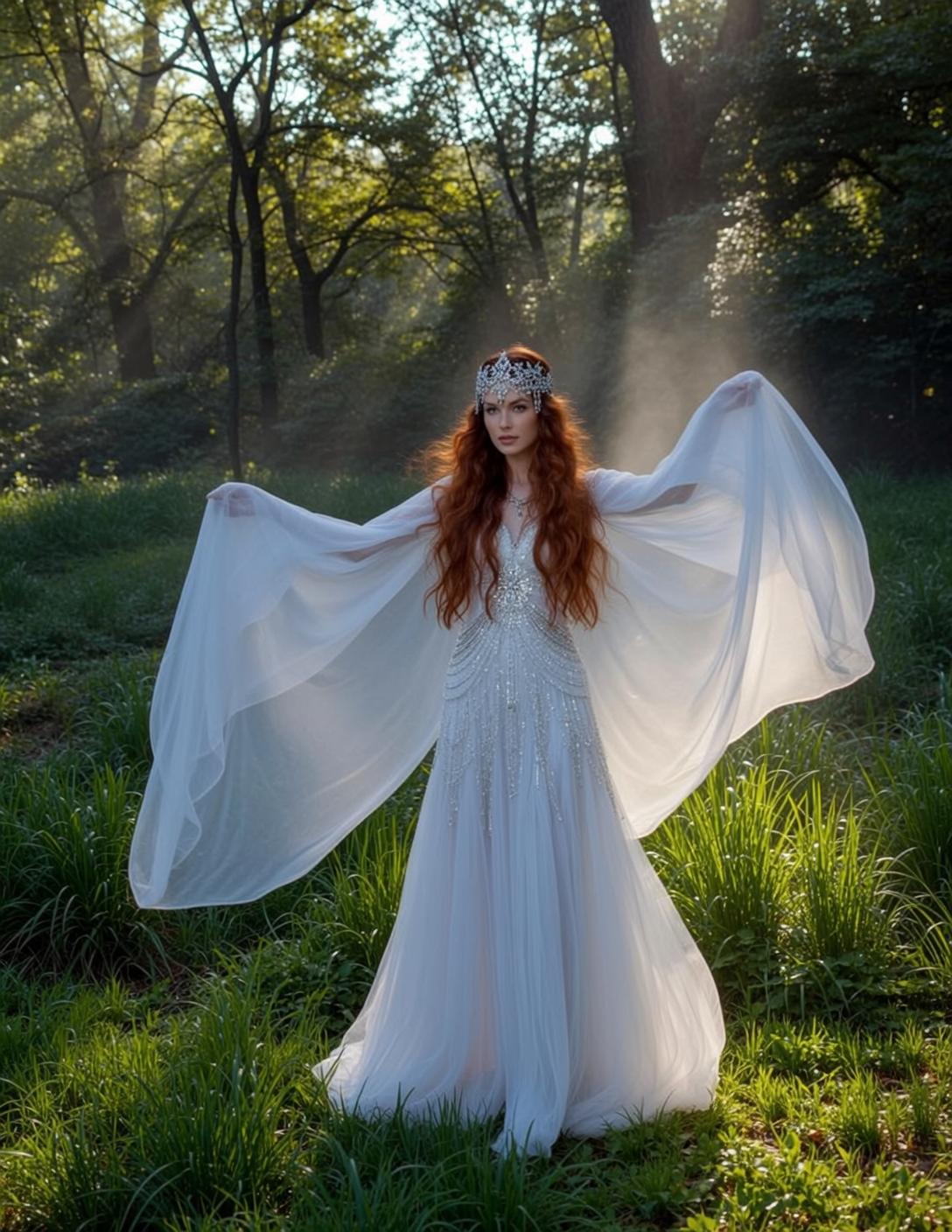 White Embellished Beads Sequins and White Gown on Forest
