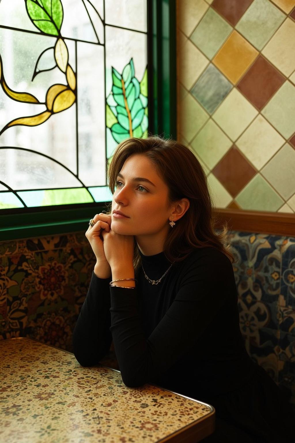 Black Turtleneck Table Pose