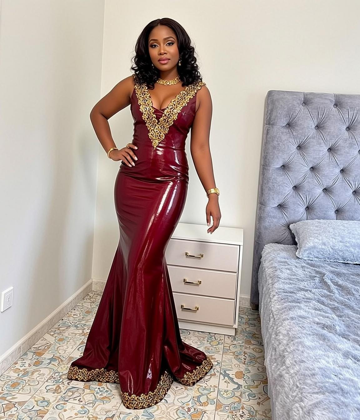 Luxury Dark Wavy Shoulder-length Sleeveless Deep V-neck