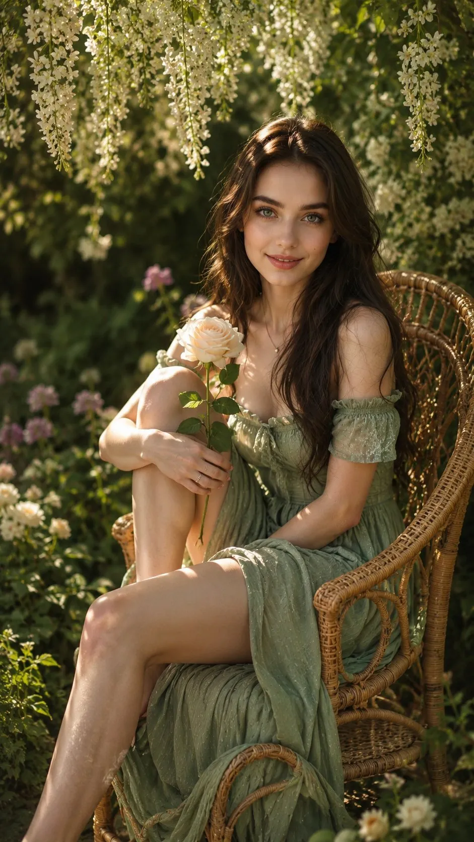 Sage Green Dress Holding Rose Seated On Rattan