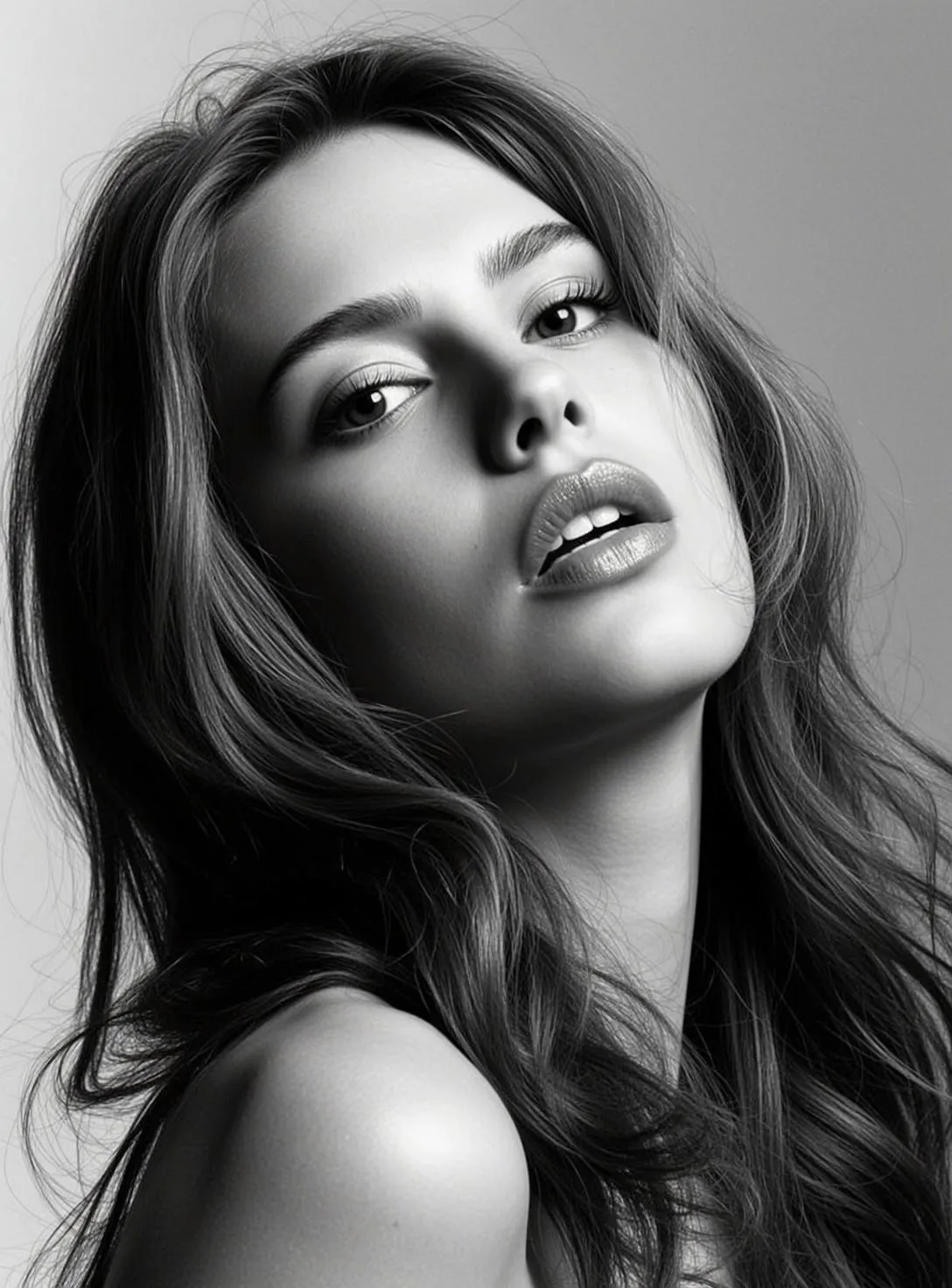Photorealistic Black And White Close-up Portrait Young Woman Oriented Vertically