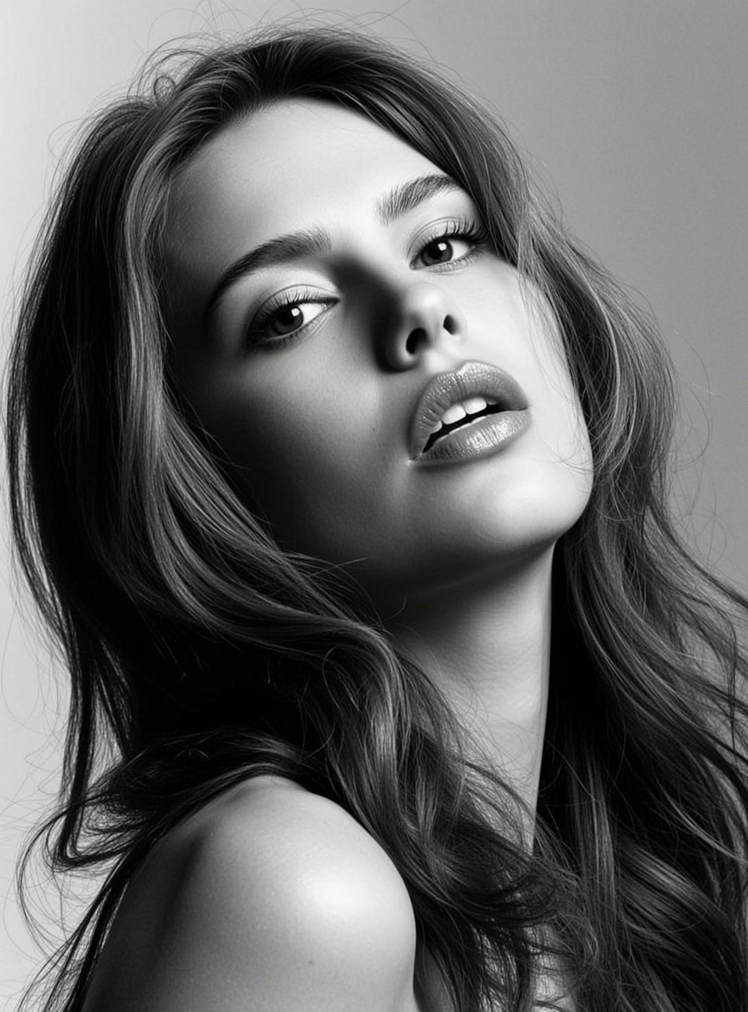 Photorealistic Black And White Close-up Portrait Young Woman Oriented Vertically