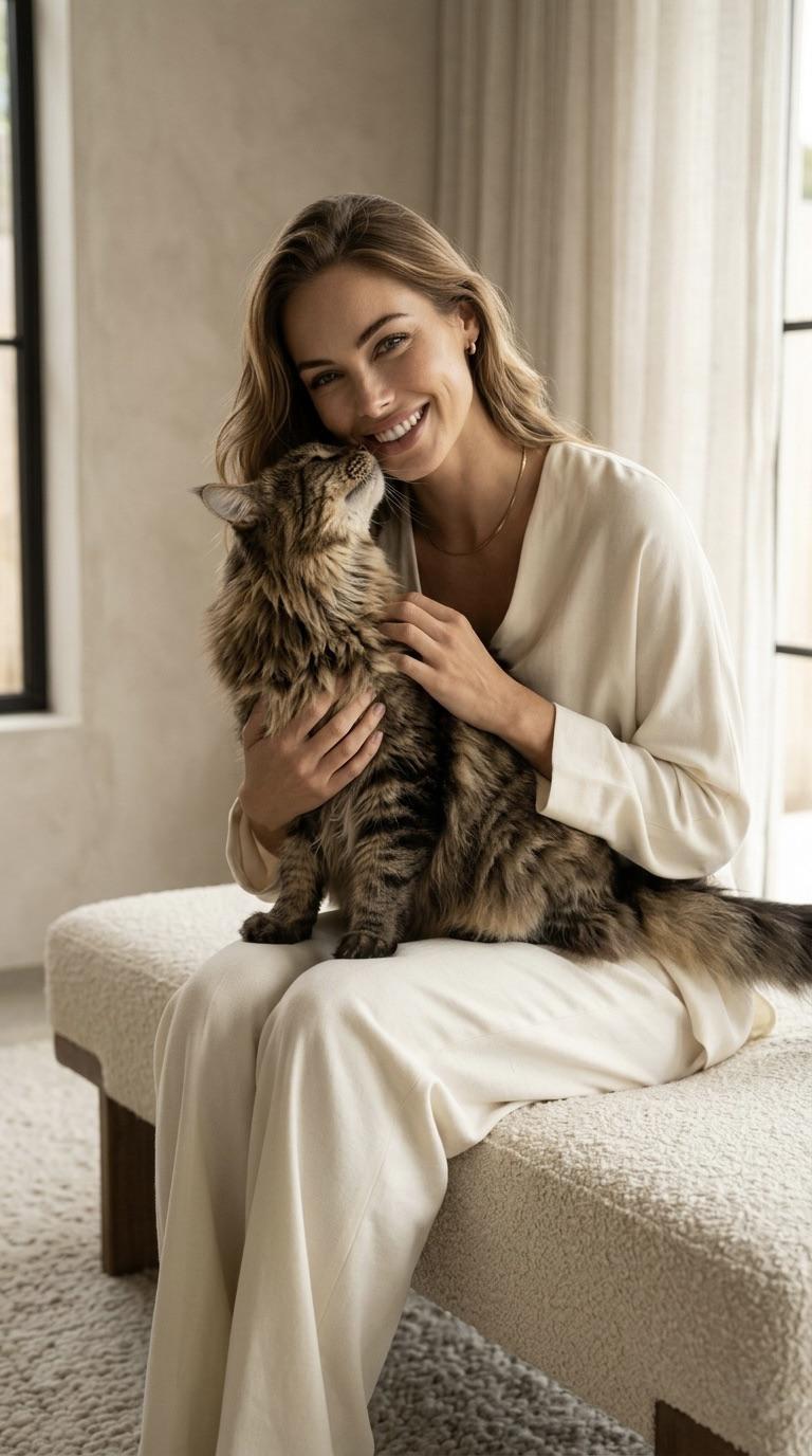 Cream Loungewear With Fluffy Cat On Boucl Bench