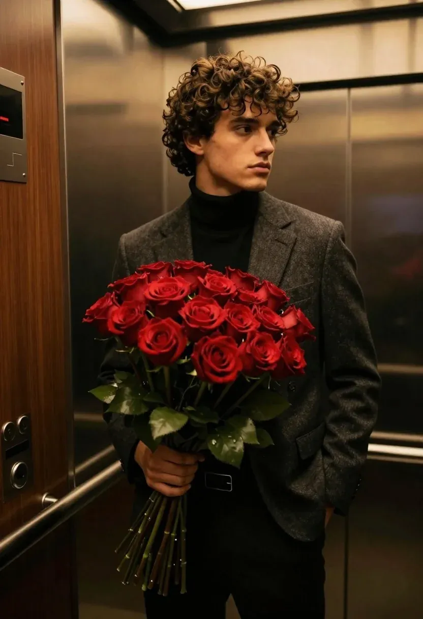 Handsome Young Man With Curly Brown Hair Stands Inside Luxurious