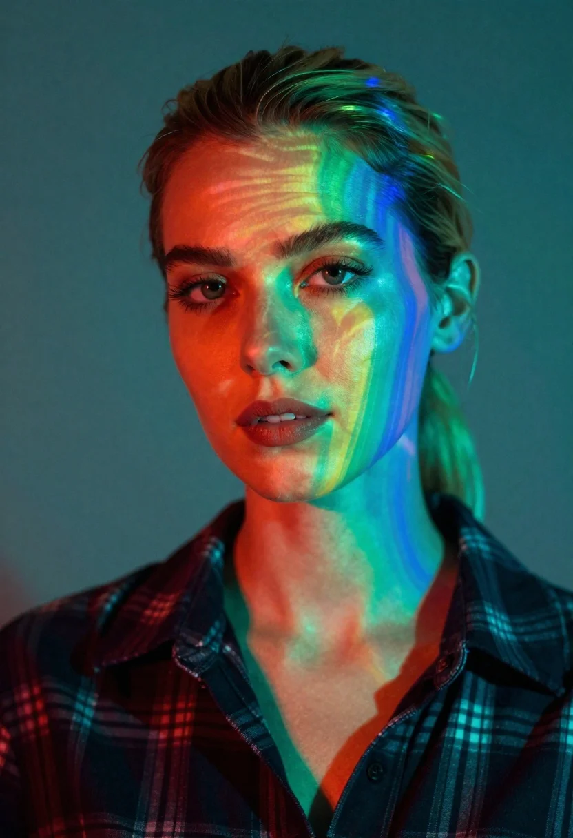 Colorful Portrait Woman With Dramatic Neon Lighting And Prismatic Patterns reference photo