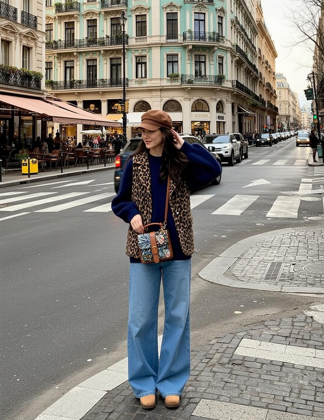 Blue Sweater Wavy Hair City Street Standing