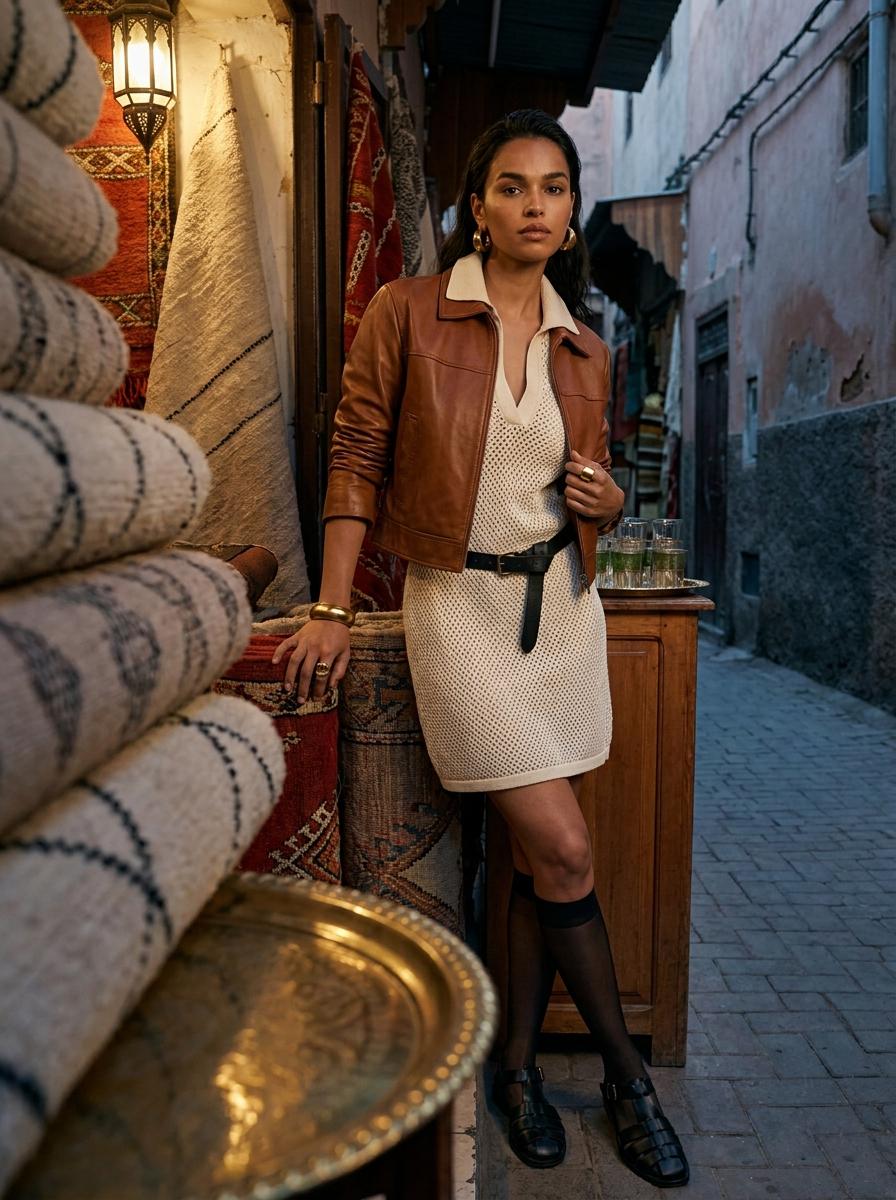 Moroccan Alleyway Leather Jacket Wool Rugs Gold Jewelry