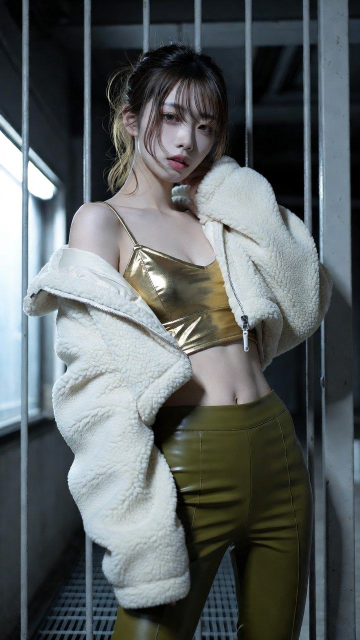 Metallic Gold Crop Top Industrial Setting Cool Lighting