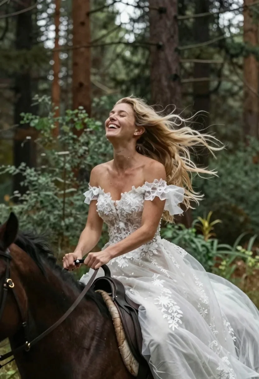 Cinematic Medium Shot Joyful Woman Riding Horse Through Lush Forest reference photo