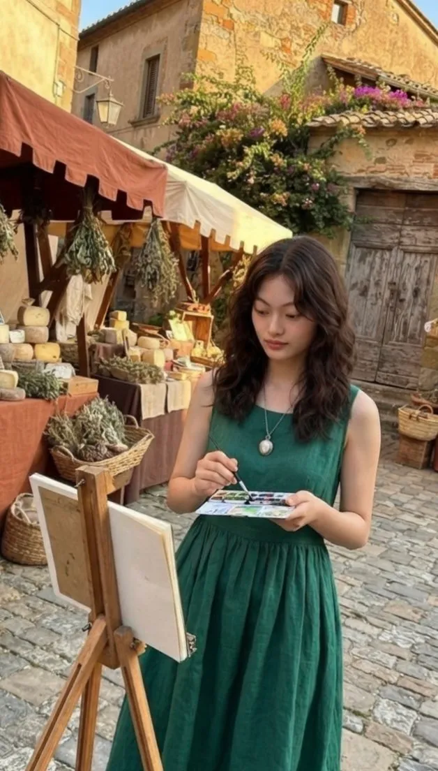 Emerald Dress Painting European Marketplace Golden Hour