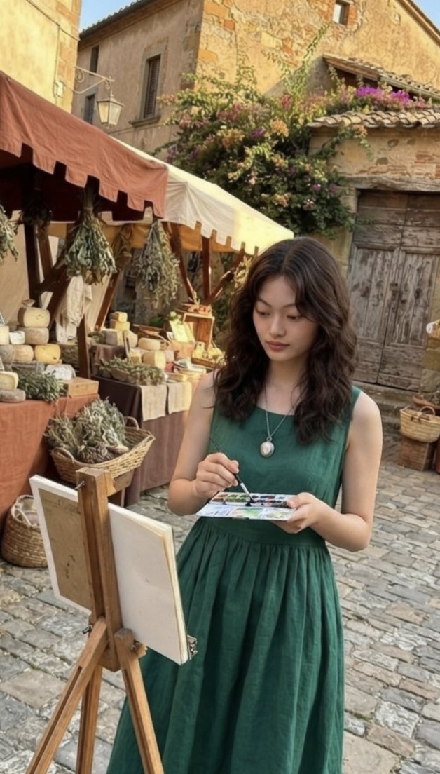 Emerald Dress Painting European Marketplace Golden Hour