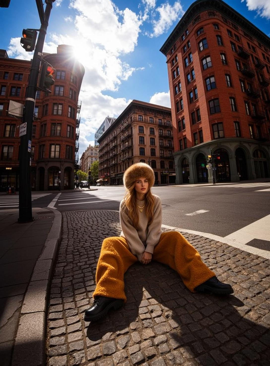 Fur Hat Mustard Pants Scene
