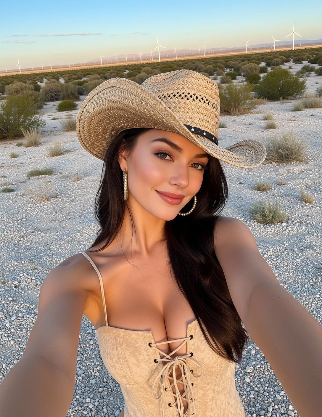 Cowgirl Taking Selfie Outdoor Desert Landscape Her