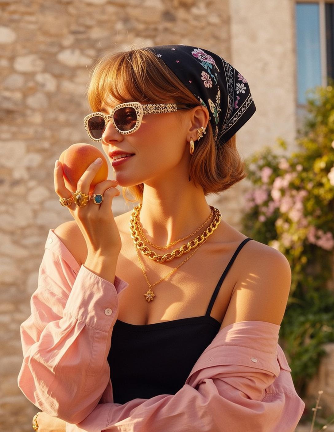 Woman With Peach Black Silk Camisole Pink Shirt