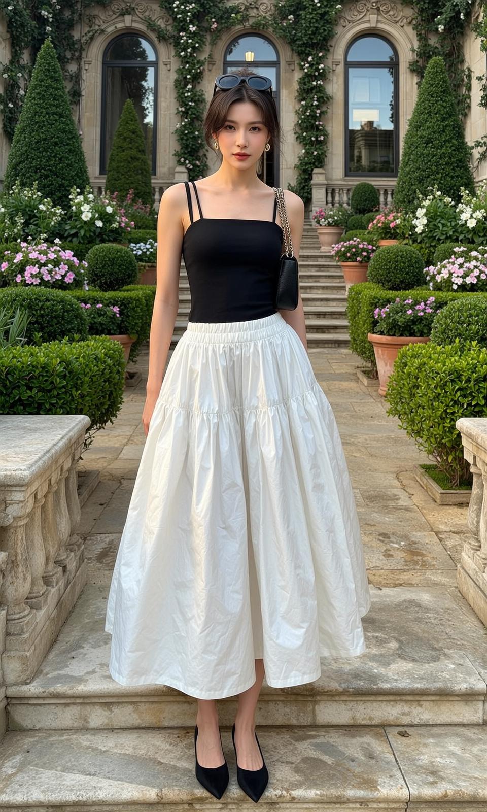 White Skirt Black Tank Top Garden Stairs