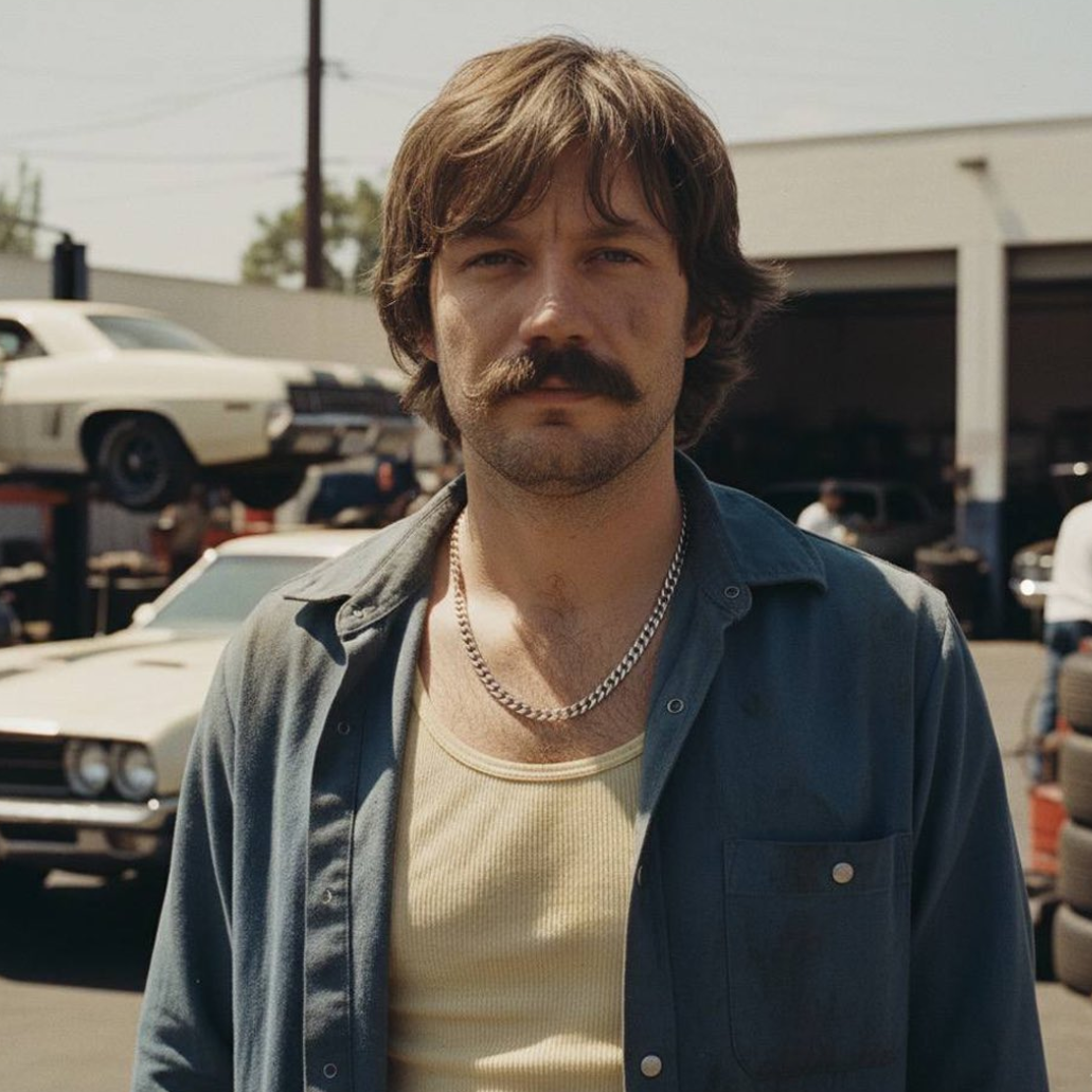 A man in 1970's classical style with long curly hair and mustache, set against a vibrant Californian summer landscape.