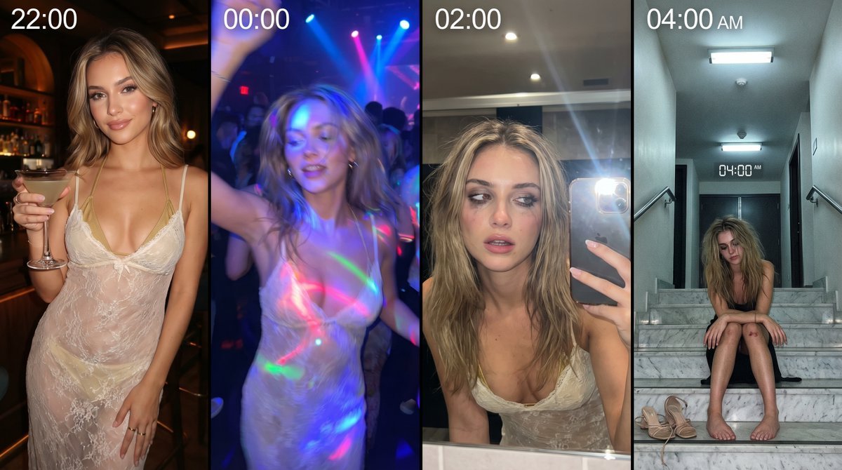 Collage of a person in a sheer dress at a bar, dancing at a club, a tired bathroom selfie, and sitting on concrete stairs.