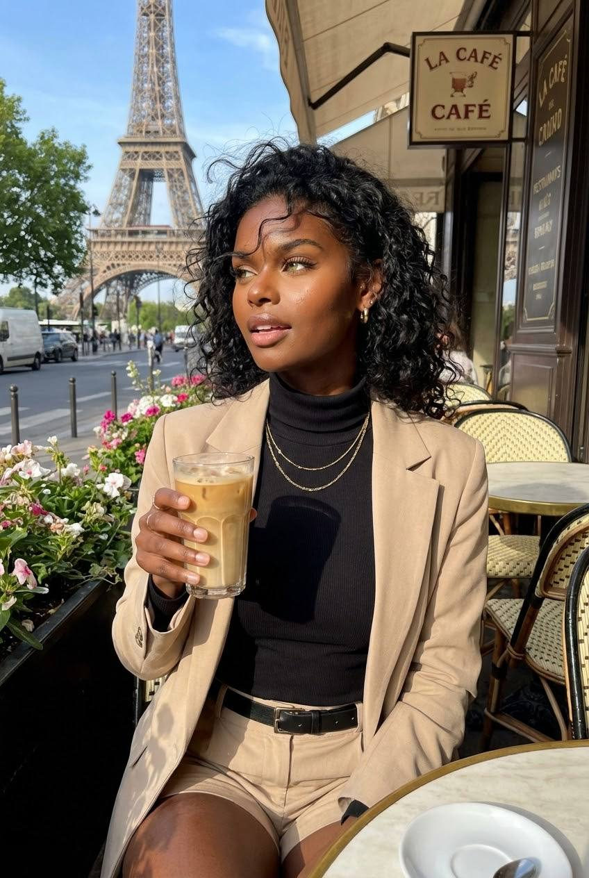 A woman in a beige blazer sitting at a Parisian cafe table, holding an iced latte, with the Eiffel Tower visible in the background.