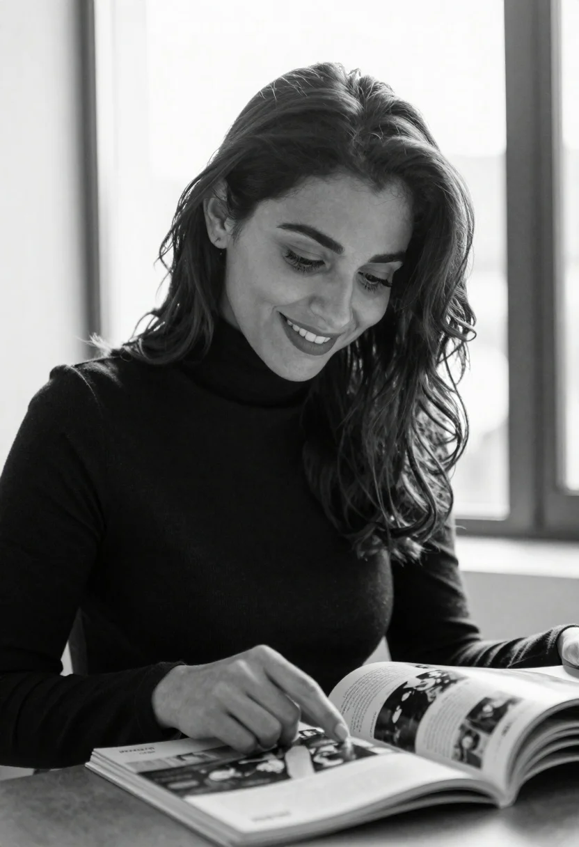Woman With Long Dark Hair Smiles Gently While Looking Down reference photo
