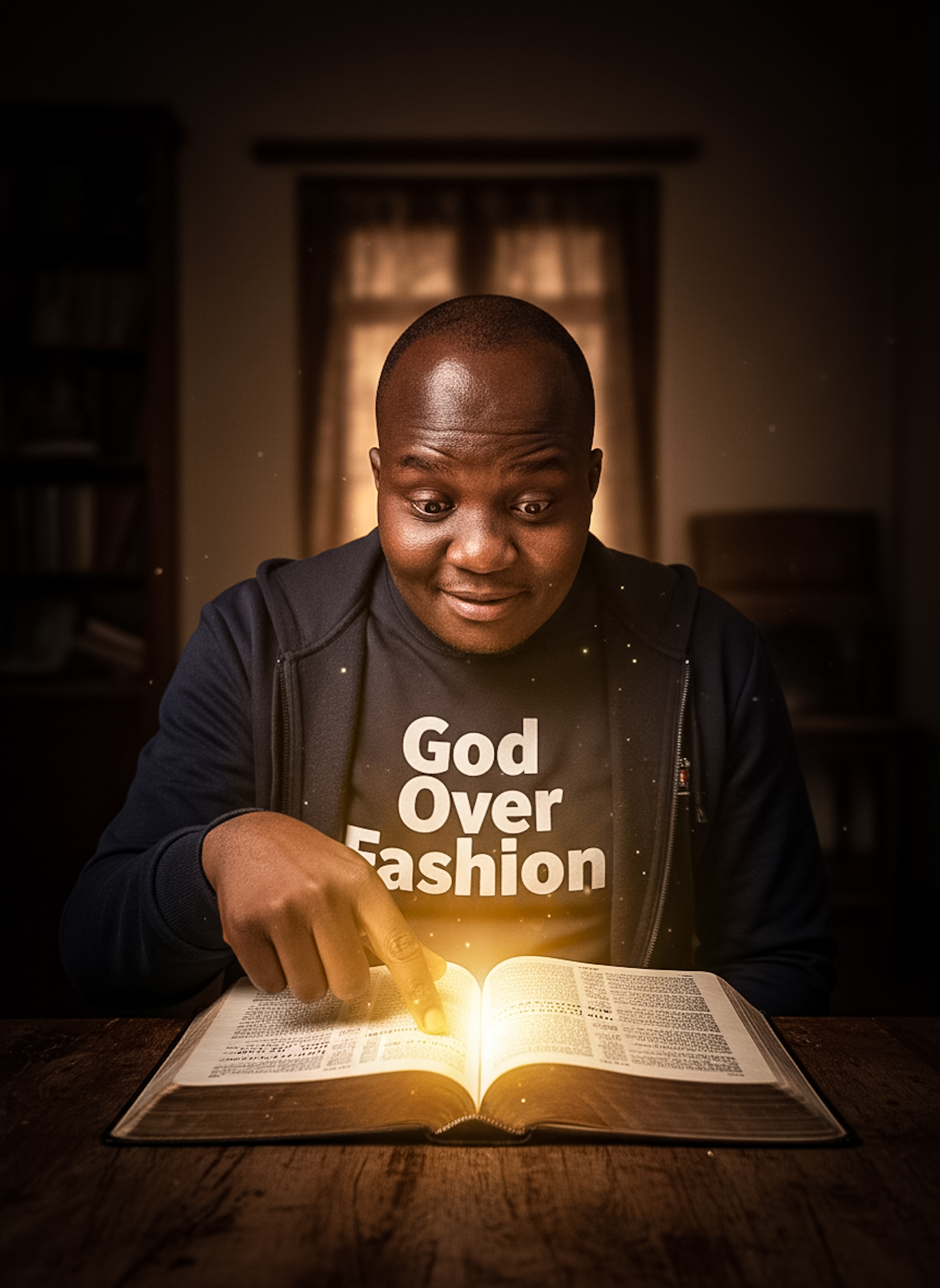 A man in a navy blue jacket reads the Bible at a table, light illuminating his amazed face in a dark, warm-toned room.