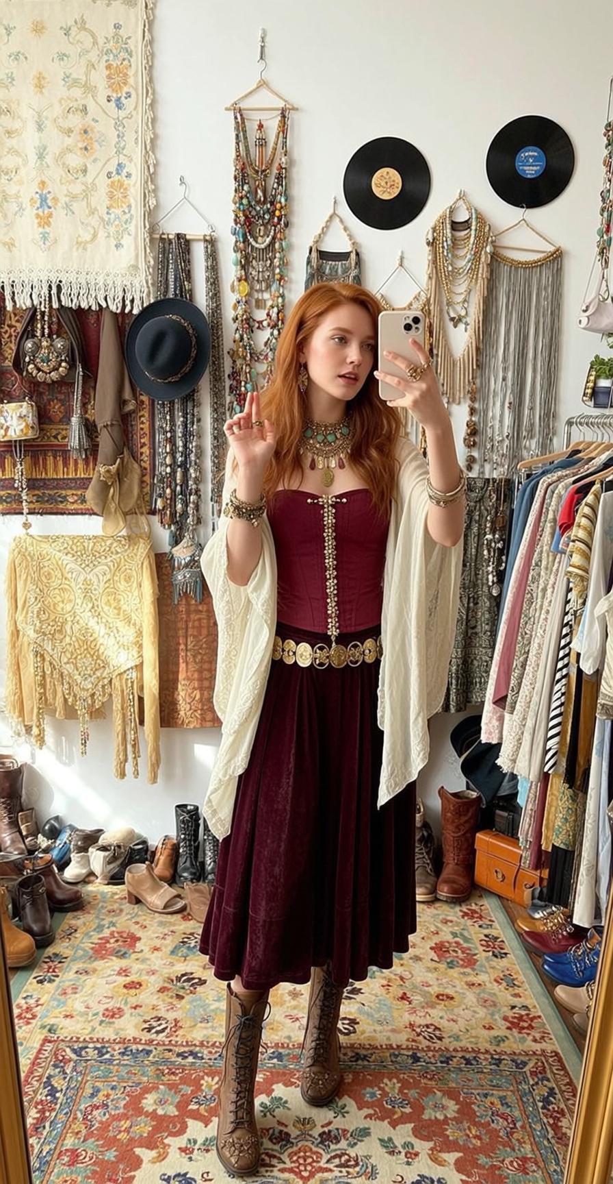 Bohemian Room Red Hair Velvet Corset Selfie