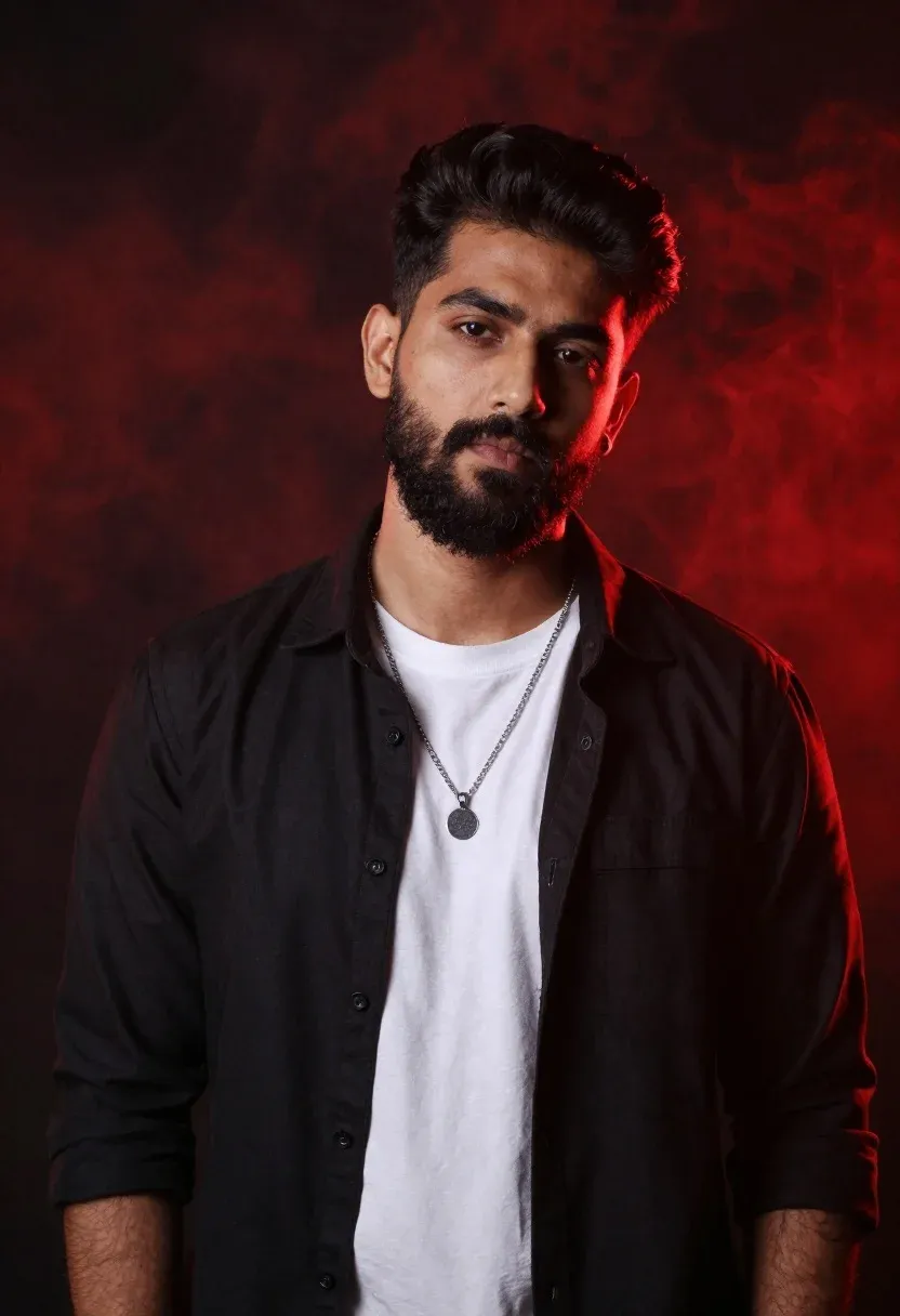 Confident Man With Dark Hair And Full Beard Stands Against