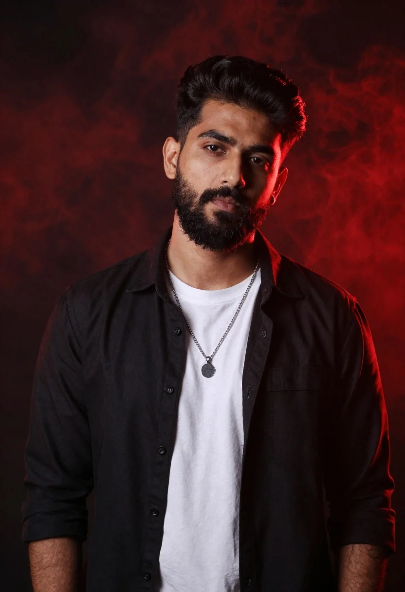 Confident Man With Dark Hair And Full Beard Stands Against