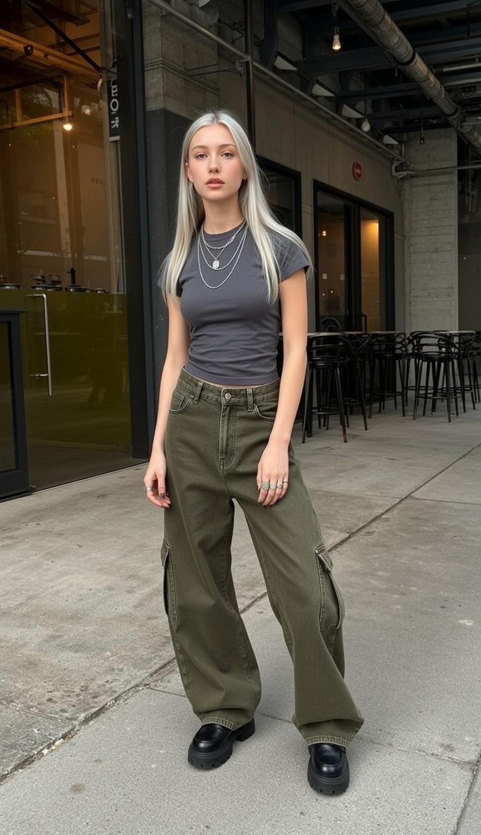 Grey Tee Cargo Pants Sidewalk
