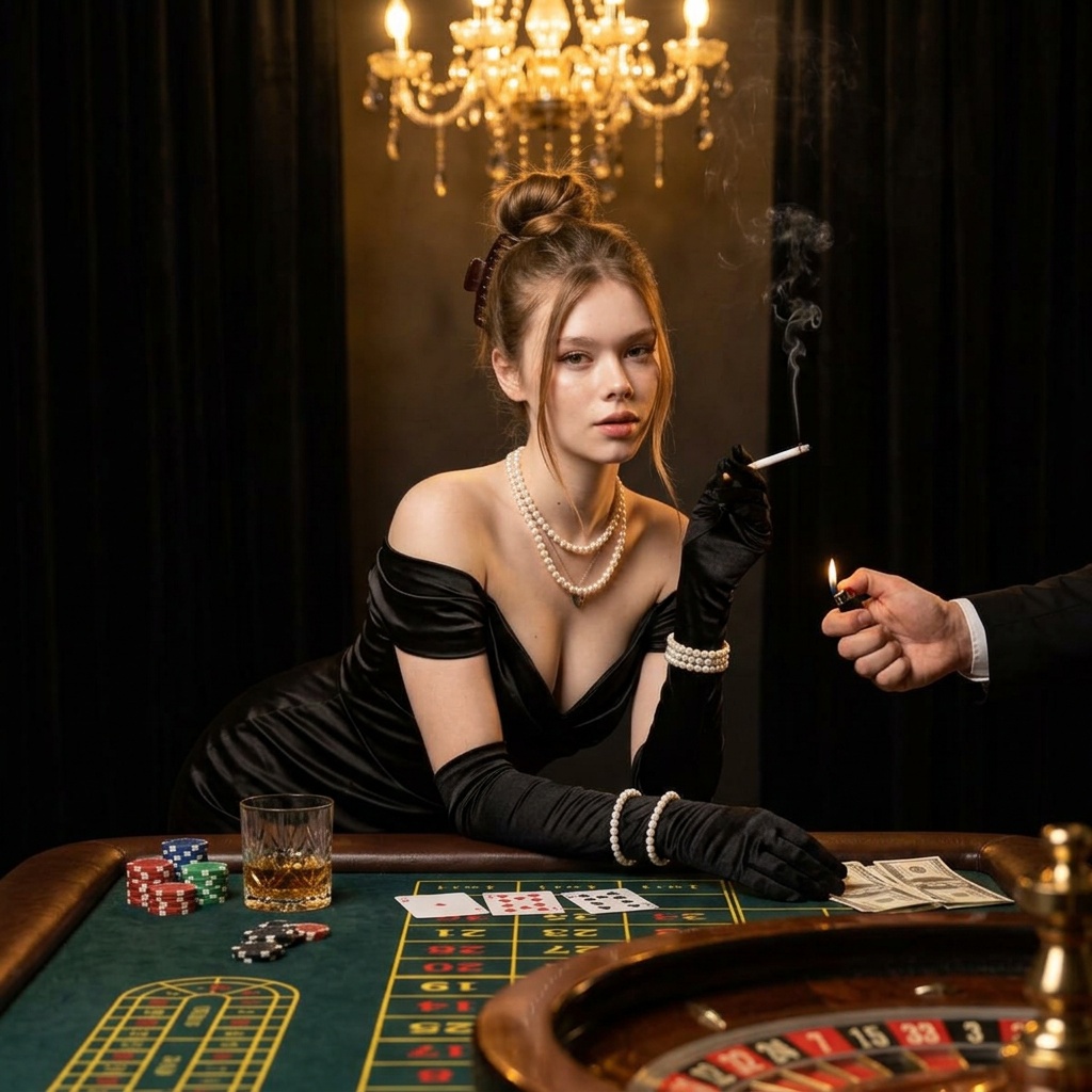 Elegant Woman Casino Table Roulette Wheel Vintage Lighting