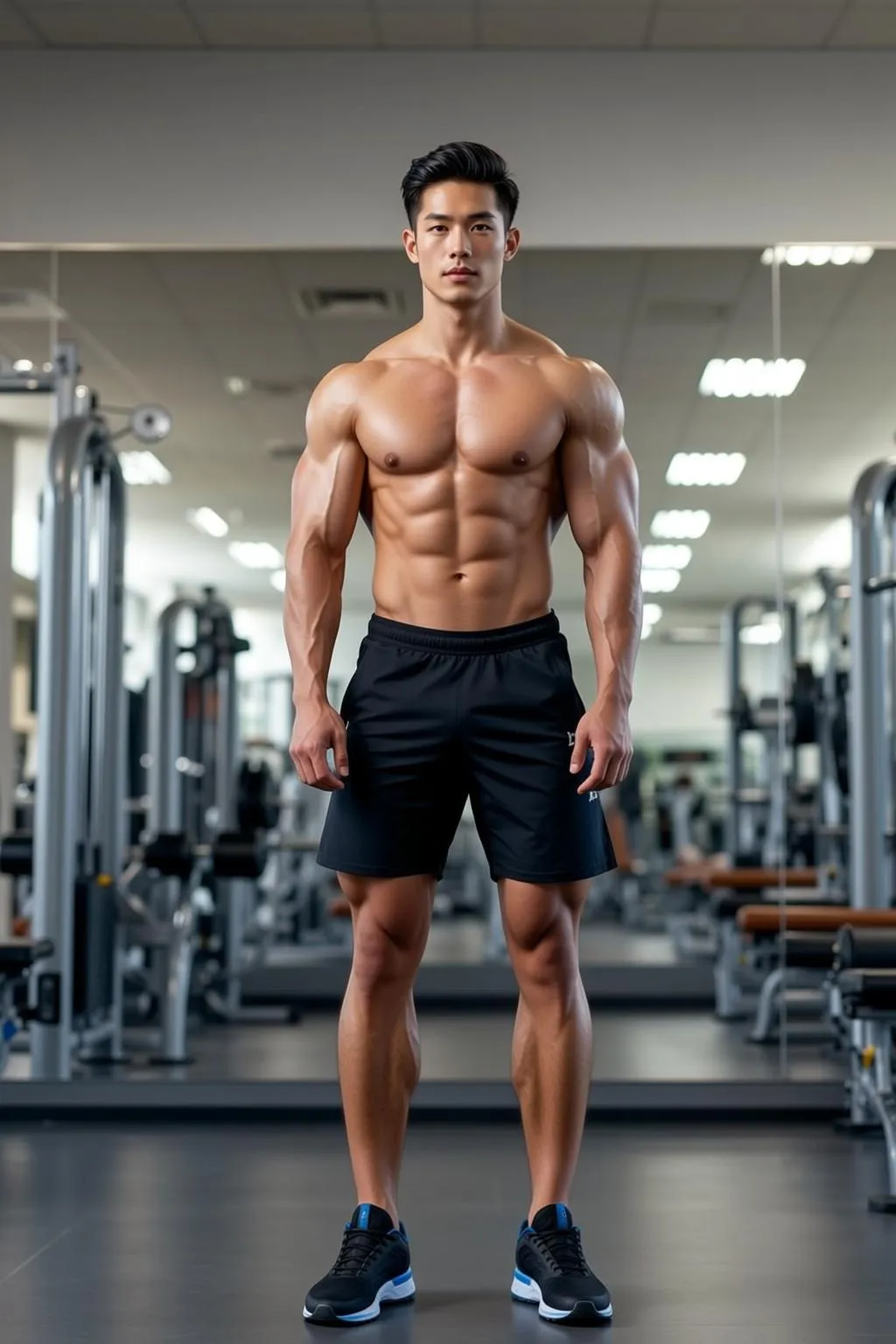 Muscular Asian Short Black Styled Tan Athletic