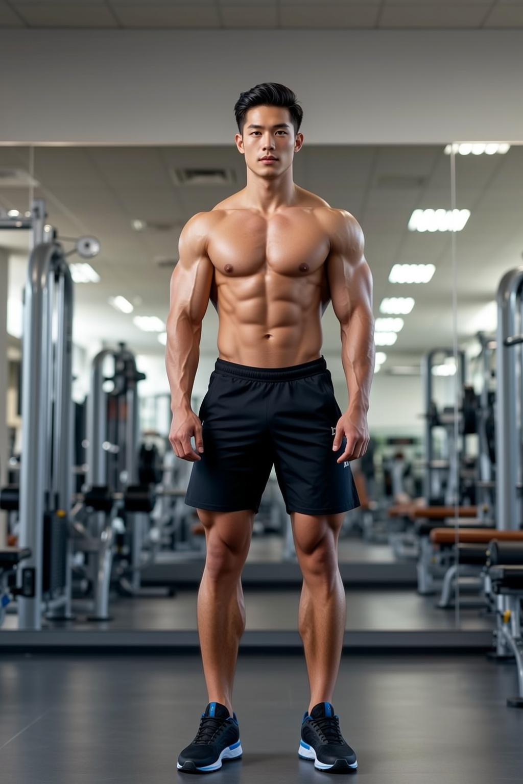 Muscular Asian Short Black Styled Tan Athletic