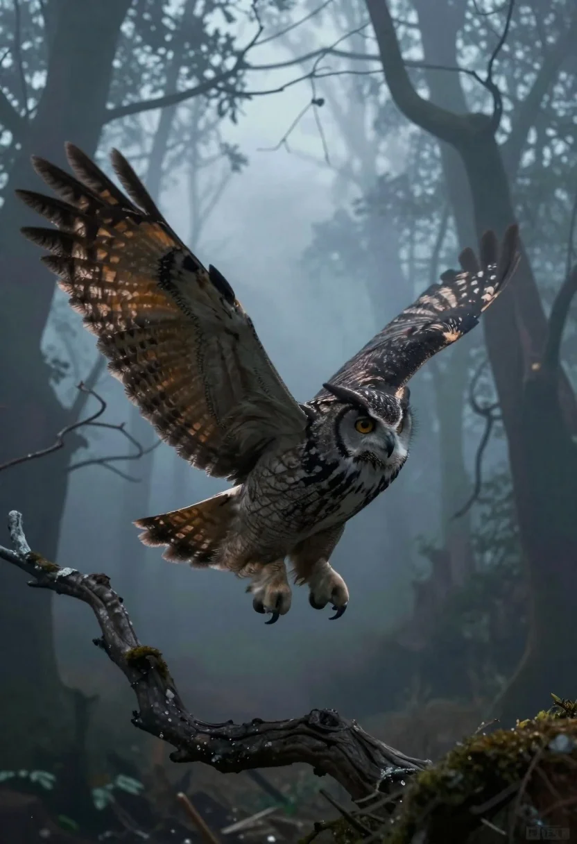 Photograph Majestic Owl Mid-flight Subject Massive Dark-feathered Owl With Detailed reference photo