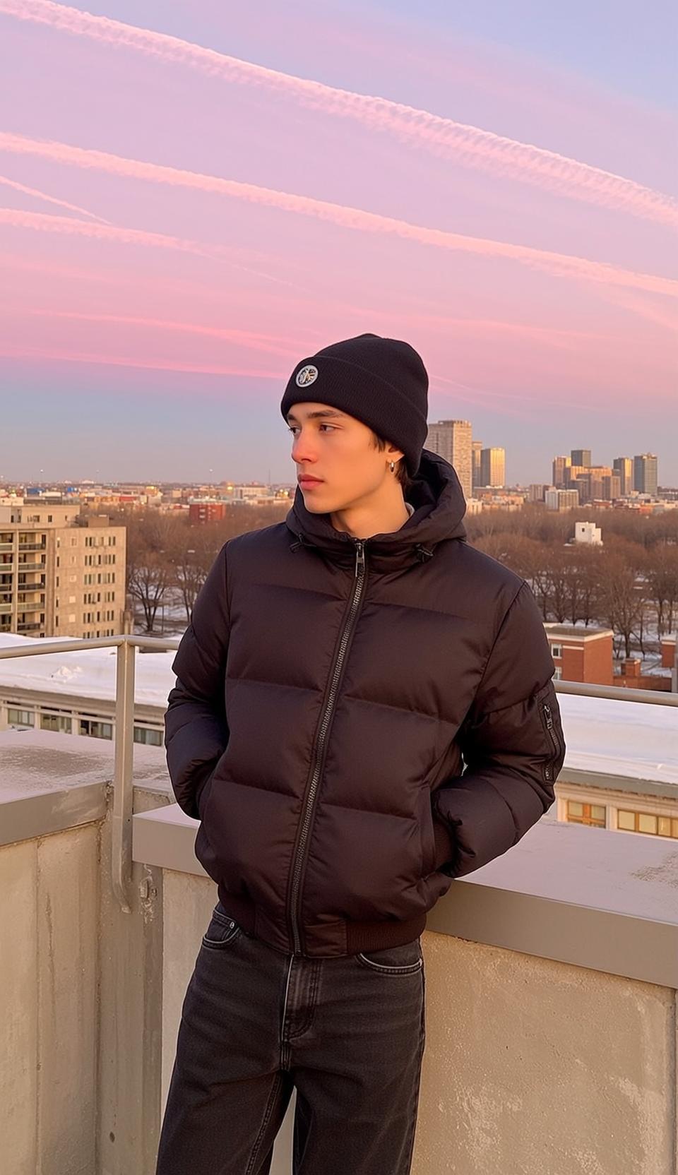 Man In Puffer Jacket On Railing