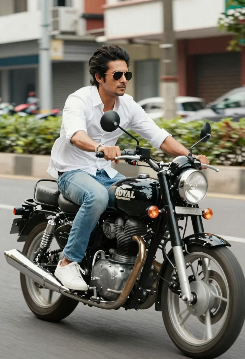 Man With Dark Hair And Sunglasses Rides Black Motorcycle Down