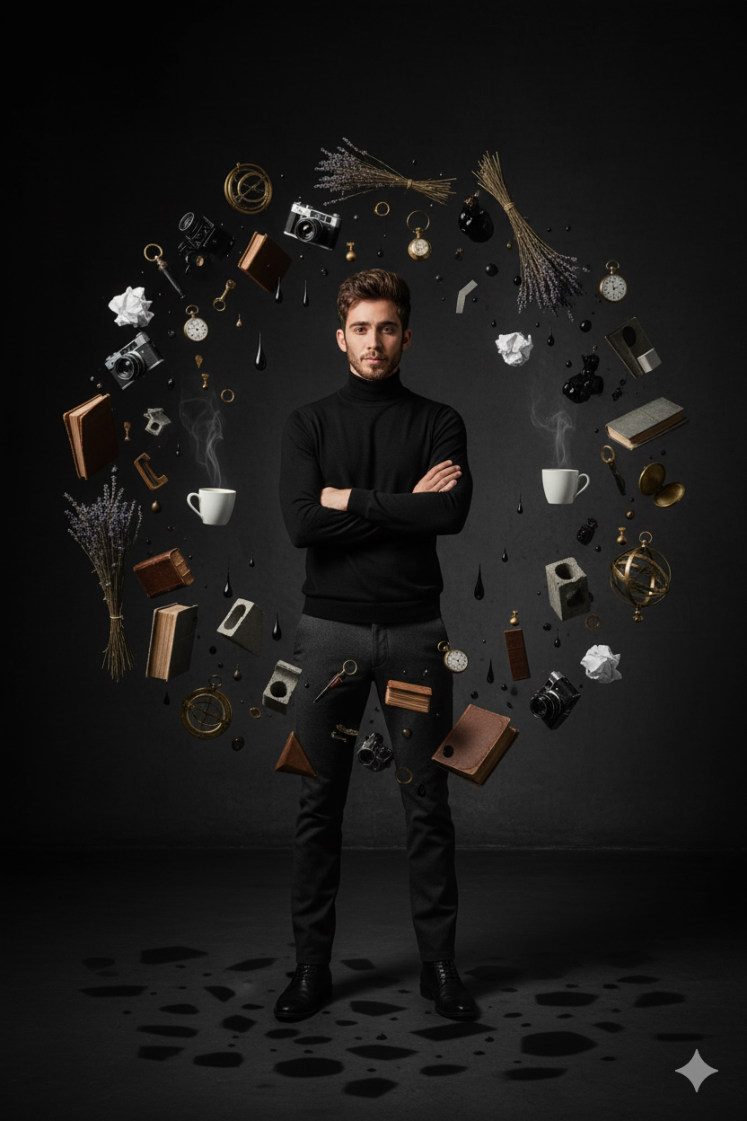 A young man in a black turtleneck stands confidently, surrounded by floating vintage cameras and books, showcasing dramatic lighting.