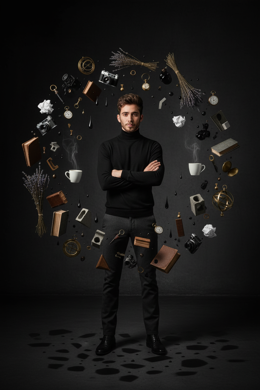 A young man in a black turtleneck stands confidently, surrounded by floating vintage cameras and books, showcasing dramatic lighting.