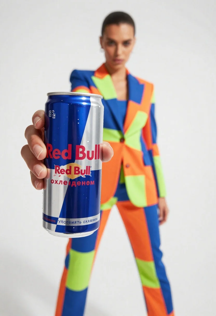 Close-up shot of a hand holding a Red Bull energy drink can with a fashion model in a vibrant geometric suit blurred in the background.