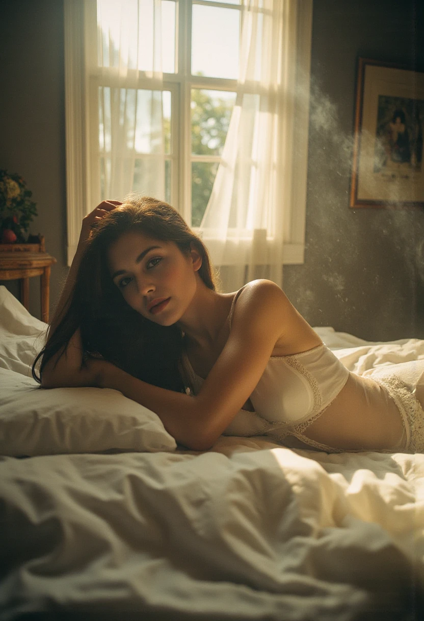 A petite woman in a sheer white nightgown lounging on a fluffy bed, sunlight creating a soft glow and dramatic shadows in a Victorian room.