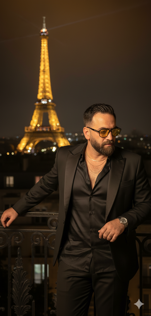 A stylish man in a black blazer and silk shirt, wearing yellow sunglasses, with the Eiffel Tower glowing in the Paris night background.