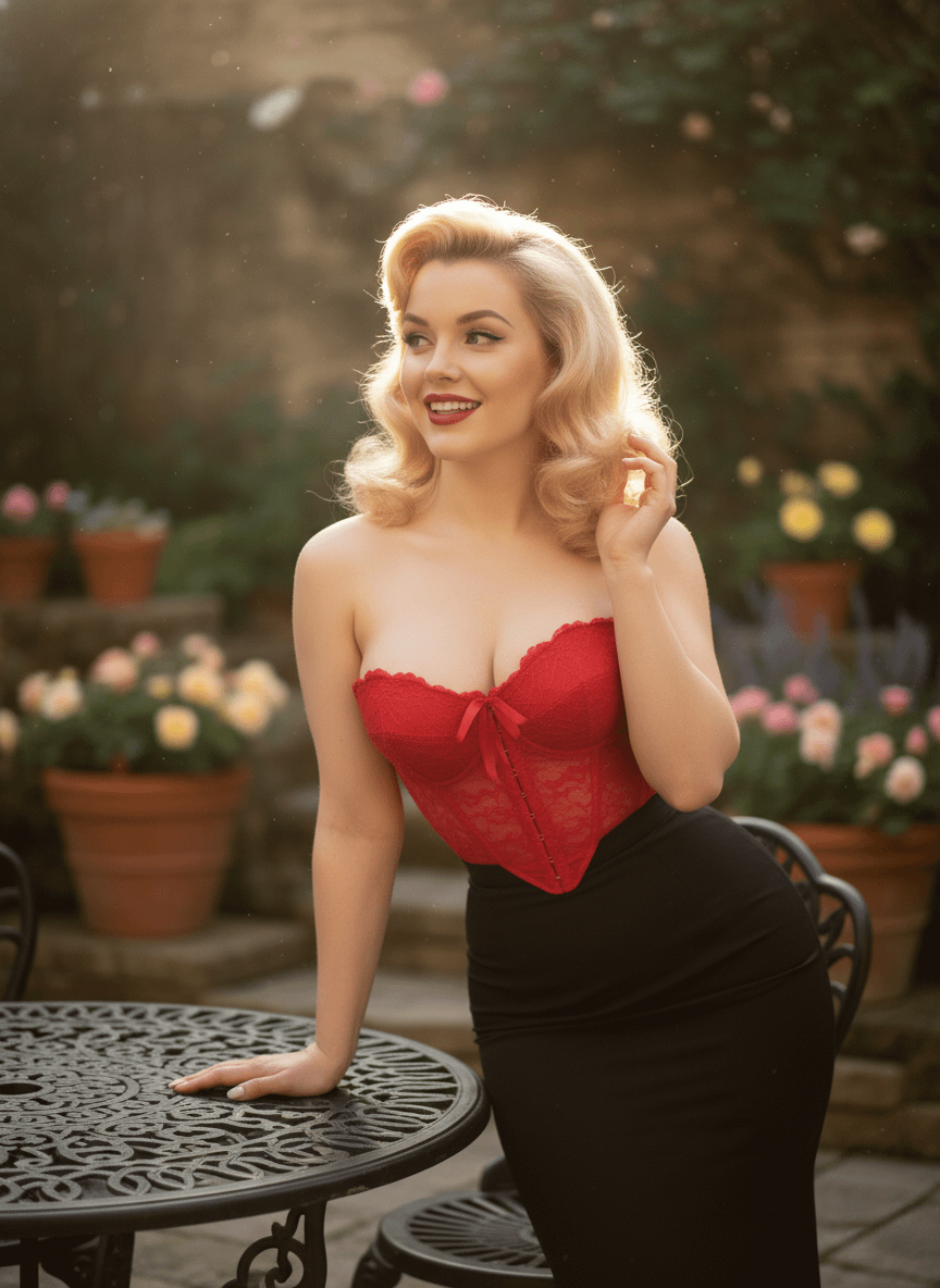 A woman in a strapless red corset top seated at a garden cafe table, surrounded by greenery and warm bokeh lights.