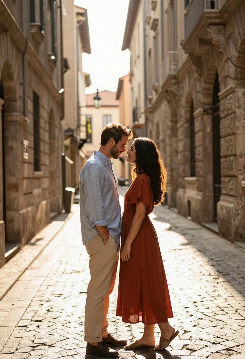 A romantic couple standing face-to-face in a narrow European alleyway, bathed in warm golden sunlight, with soft shadows on the cobblestones.