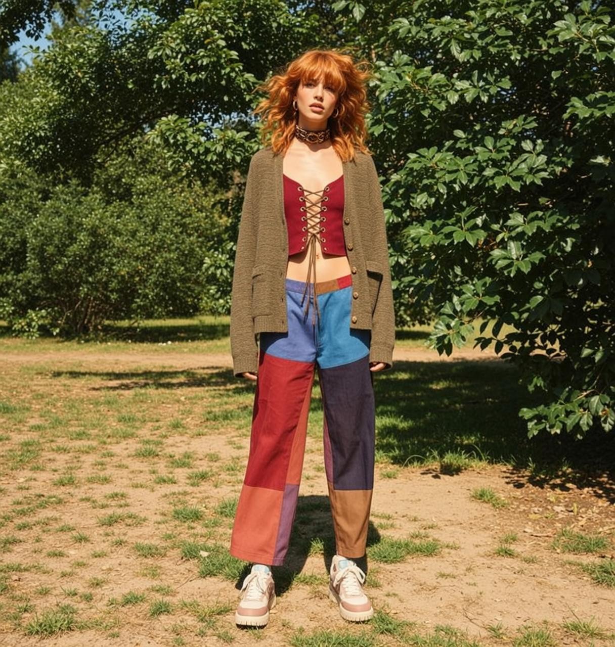 Red Lace Crop Top Patchwork Pants Park Fashion