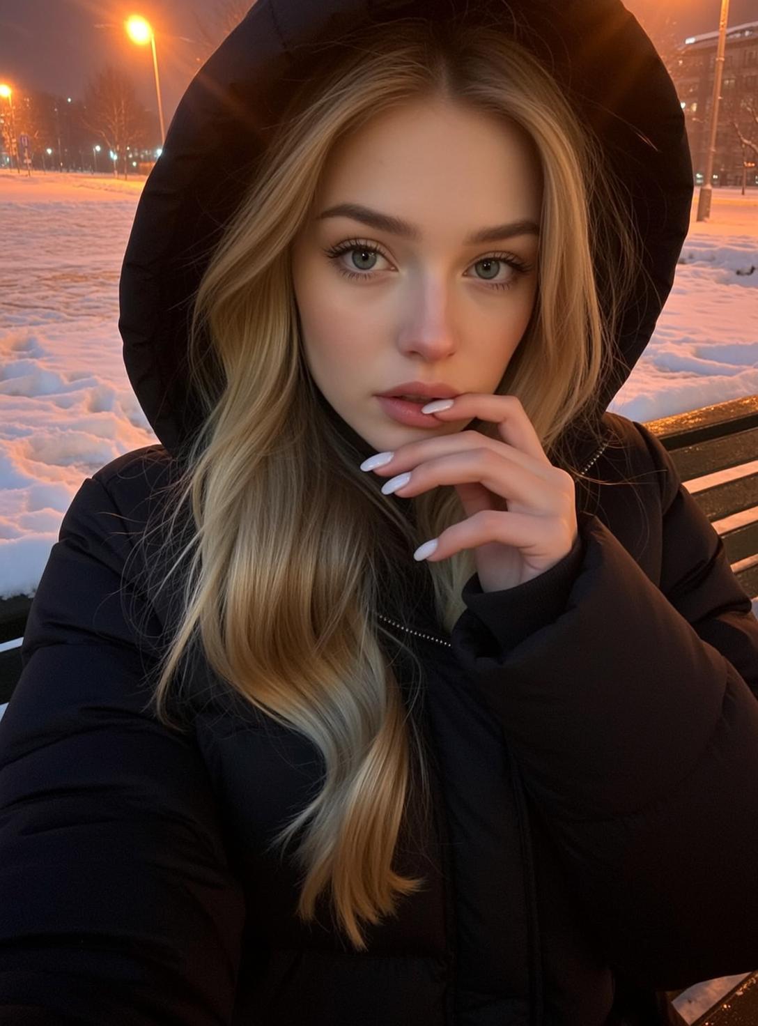 Puffer Jacket Winter Bench Portrait