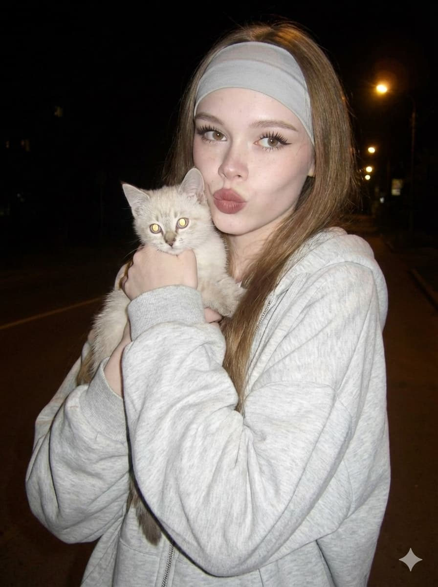 A hyper-realistic portrait of a woman with a light grey hoodie, gently cradling a calm kitten in a softly lit outdoor night setting.