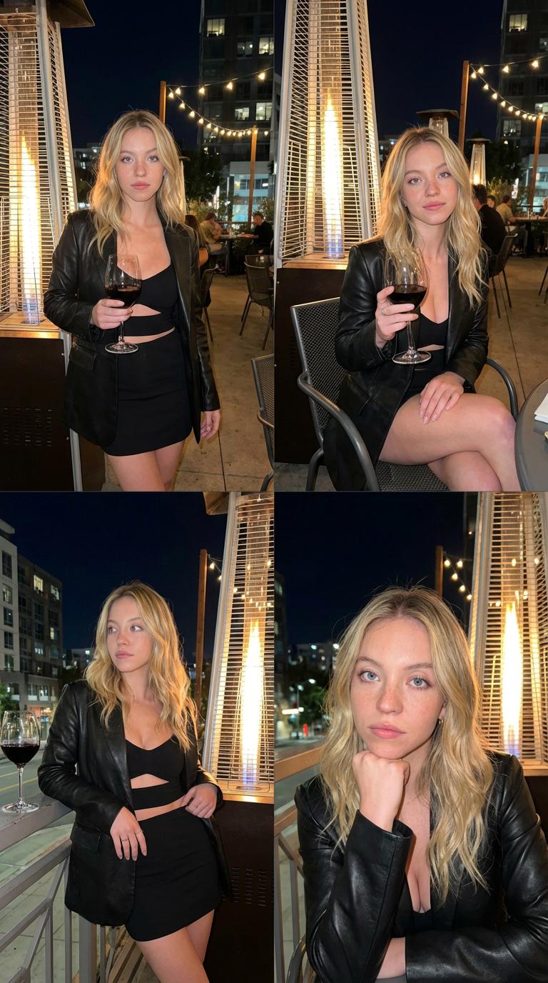Person in a black leather blazer holding a wine glass outdoors at night with soft city lights.
