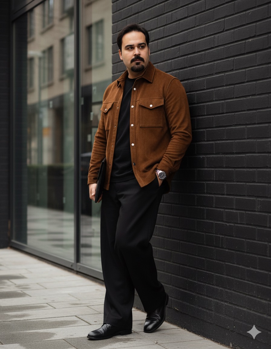 Full-body portrait of a man with a beard in a stylish brown overshirt, leaning against a dark brick wall on a wet urban street.